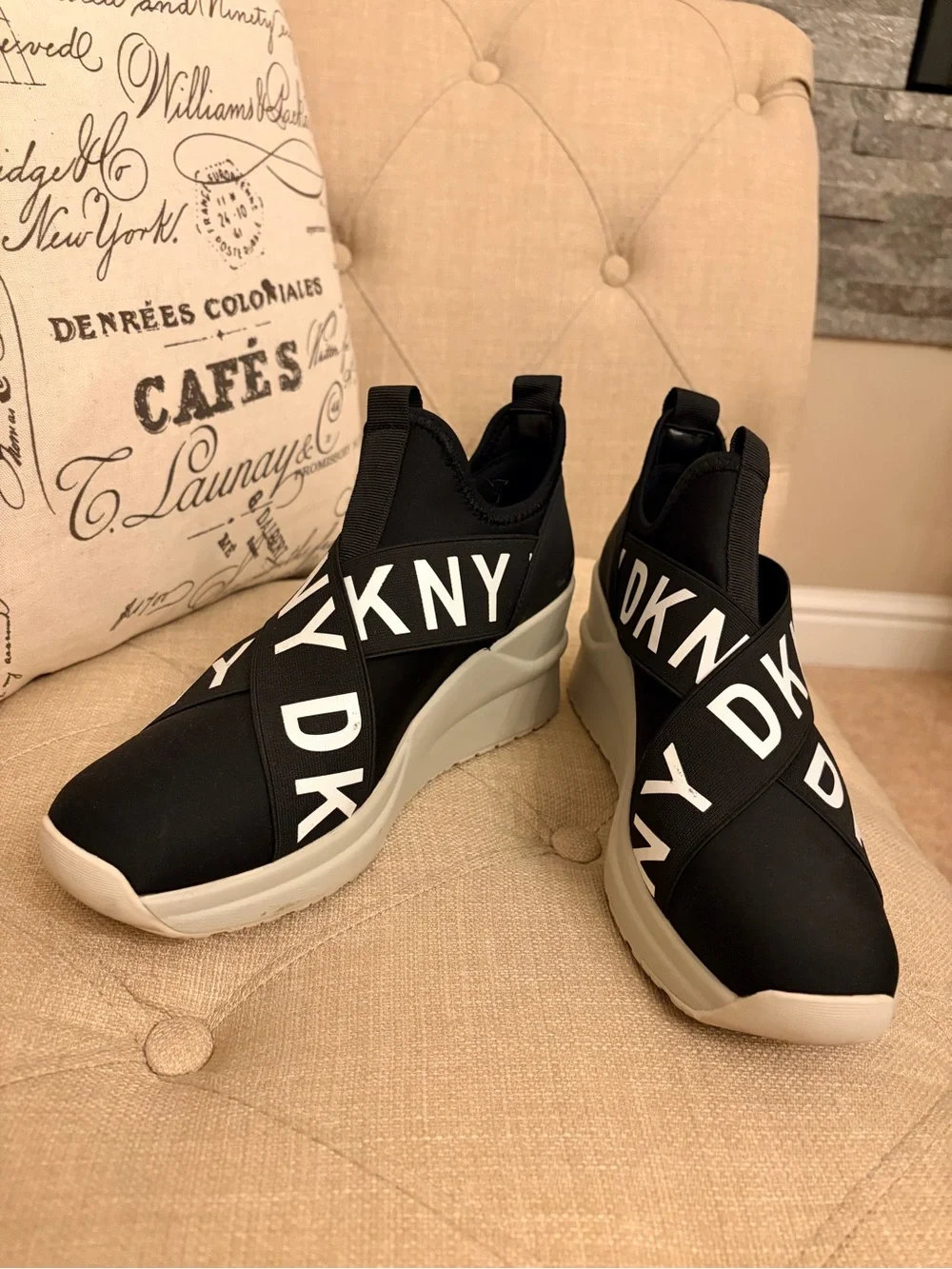 DKNY Black and White Slip-On Wedge Sneakers